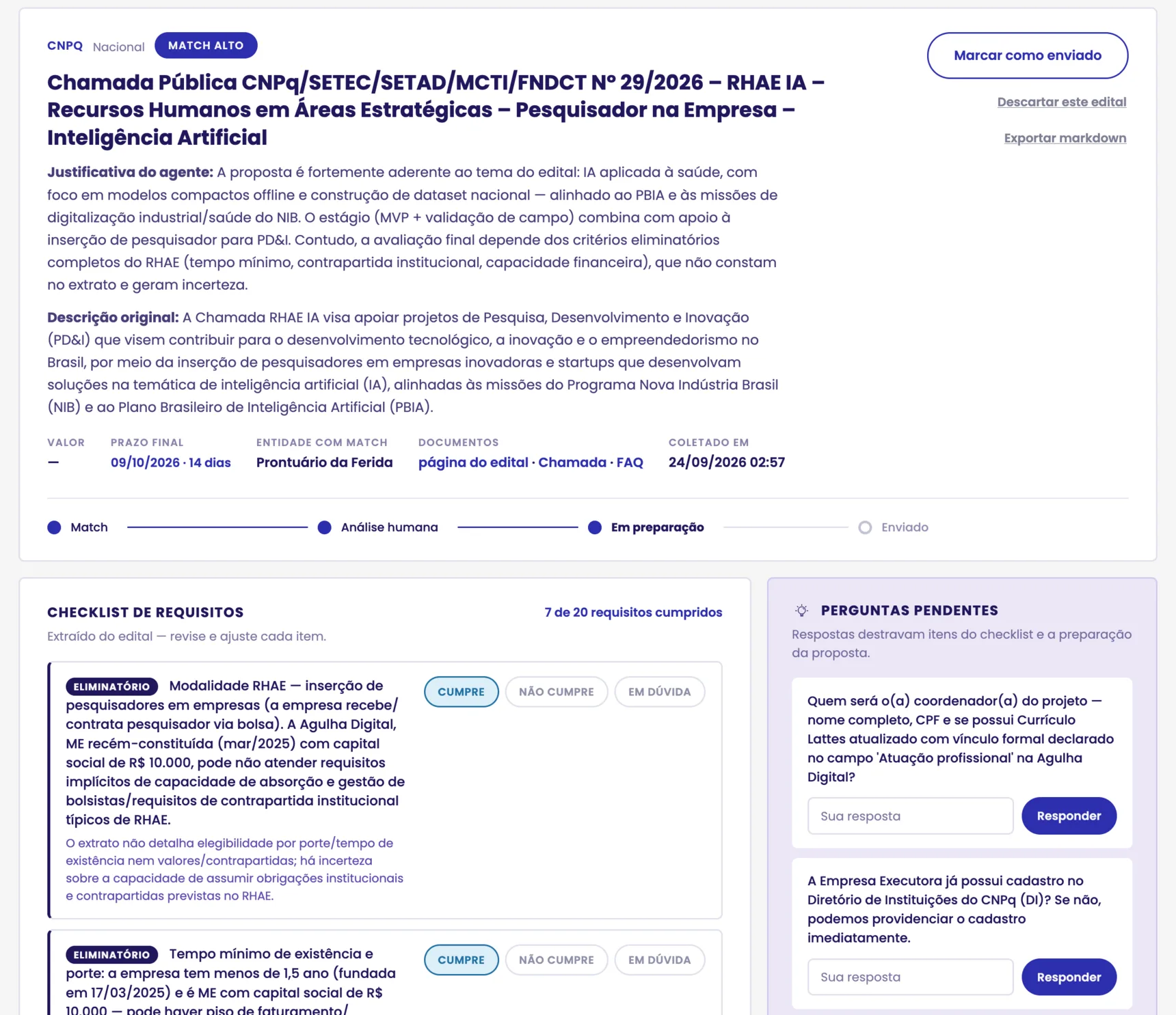 Exemplo de edital avaliado na Capitu, com justificativa, prazo, documentos e etapas